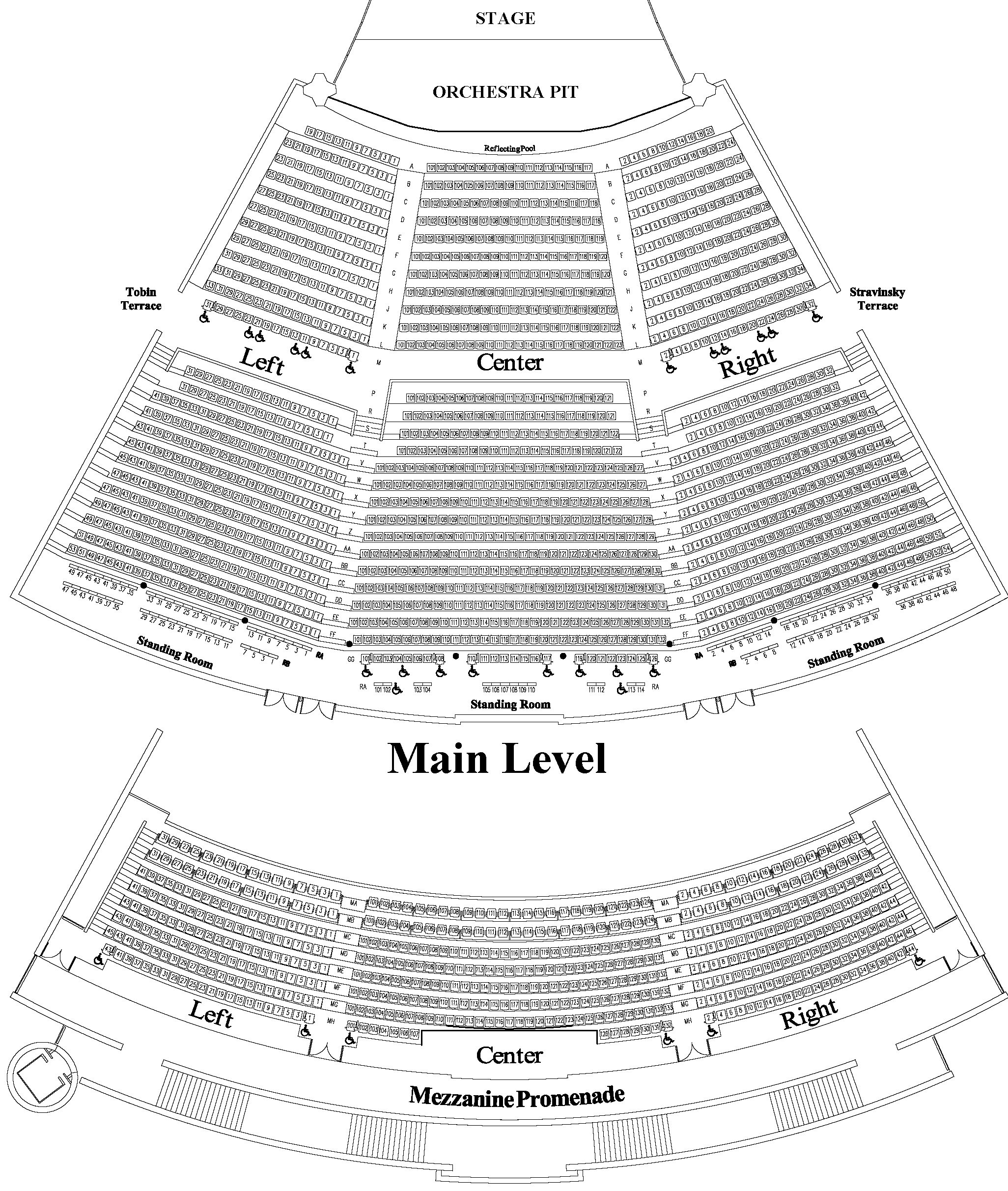 Seat map. The main floor includes Orchestra, 1,2,3,4,5,6 and standing room. The mezzanine includes Loge, 7,8,9,10. There are two outsides aisles and two inside aisles. Seats on the House Right are even numbered starting with seat 2 on inner aisle. Seats on the House Left are odd numbered starting with seat 1 on inner aisle. Seats in the center start with seat 100 and increase consecutively from House Left to House Right.