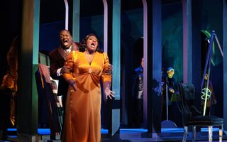 Reginald Smith, Jr. (Scarpia), Leah Hawkins (Tosca), photo by Curtis Brown for the Santa Fe Opera