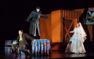 Left to Right; Chad Shelton (Erik), Nicholas Brownlee (Dutchman), Elza van den Heever (Senta), photo by Curtis Brown for the Santa Fe Opera