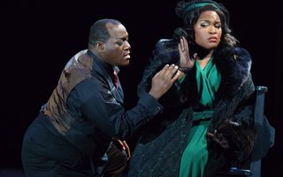 Reginald Smith, Jr. (Scarpia), Leah Hawkins (Tosca), photo by Curtis Brown for the Santa Fe Opera