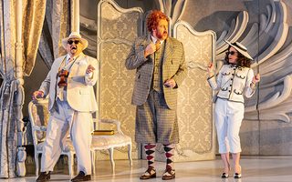 L - R: Gerhard Siegel (Valzacchi), Matthew Rose (Baron Ochs), Megan Marino (Annina), photo by Curtis Brown for the Santa Fe Opera