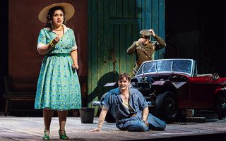 L-R: Yaritza Véliz (Adina), Jonah Hoskins (Nemorino), Luke Sutliff (Belcore), photo by Curtis Brown for the Santa Fe Opera