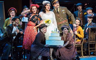 L-R: Cadie J. Bryan (Giannetta), Yaritza Véliz (Adina), Luke Sutliff (Belcore), the Santa Fe Opera Chorus, photo by Curtis Brown for the Santa Fe Opera